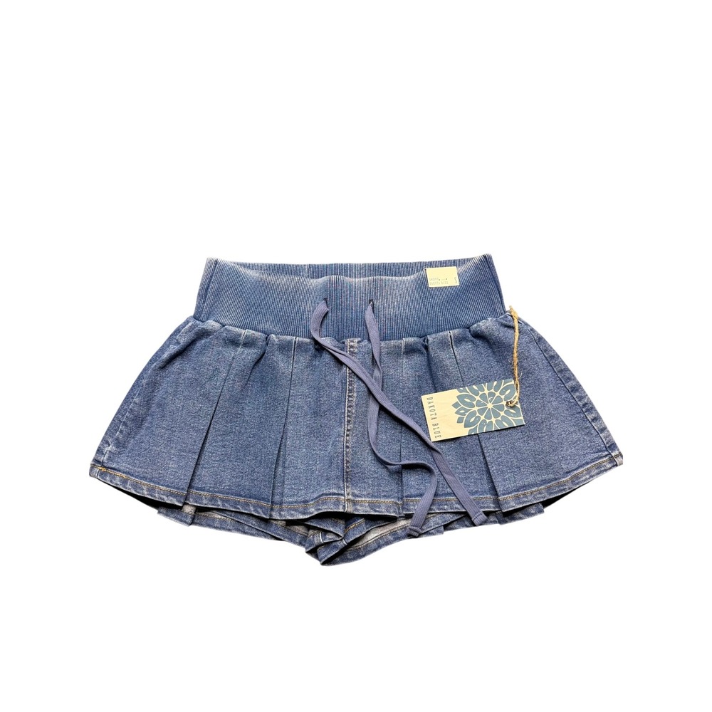 Dakota Blue Pleated Denim Skort Small Blue Ribbed Waist Drawstring NEW